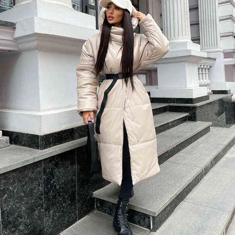 Malina Hooded Pu Parkas Kvinnor Fashion Tie Belt Coats Women Elegant Solid Faux Leather Slim Long Cotton Jackets Female Ladies L220730