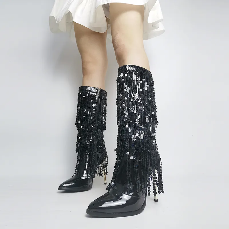 Ribetrini Fashion Point Toe Fringe Sequined Mid Calf Boots For Women Zip Metallic Glitter Sexig Elegant Dress Long Shoes 220813