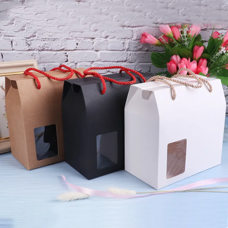 Kraftpapier-Geschenkbox mit Griff, Kuchen-/Pralinen-/Süßigkeitsverpackungsbeutel, Stand-up-Lebensmittelpapierboxen, Großhandel, individuelle Größe