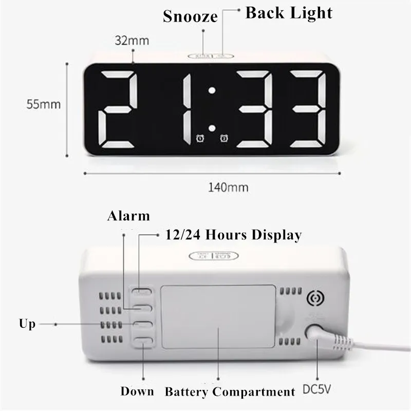 デジタルアラーム時計2アラームスヌーズ電子LED 3ディスプレイモード12/24時間リビングルーム220426