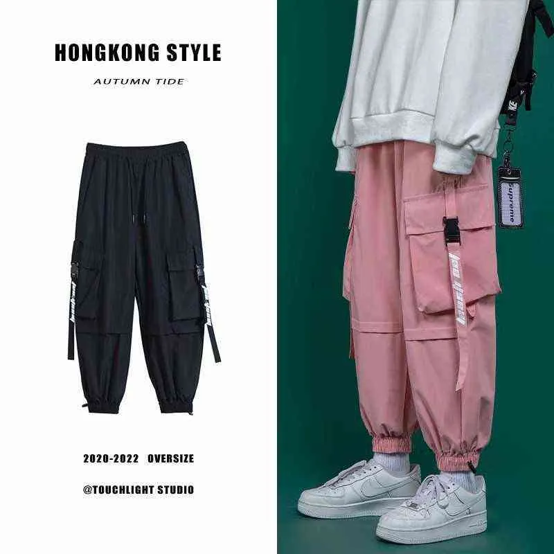 Bawełniane spodnie ładunkowe Wstążki Różowe swobodne spodnie wysokie talia Pockets Fashion Pockets żeńskie spodnie haremowe panie joggery czarne g220507
