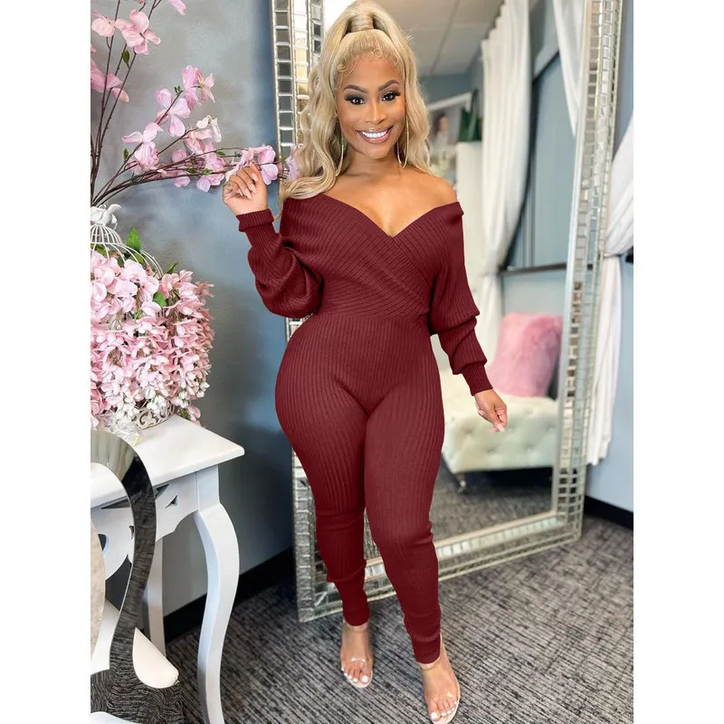 Classy casual winter clothing off shoulder ribbed v neck rompers women bodycon jumpsuit 220801