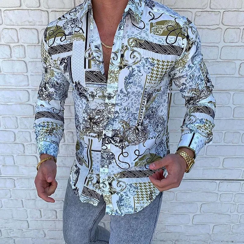 Casual Slim Fit Print Party Club Luxury Brand Printed Spring and Autumn Men Fashion Trend Long Sleeve Shirt 220721