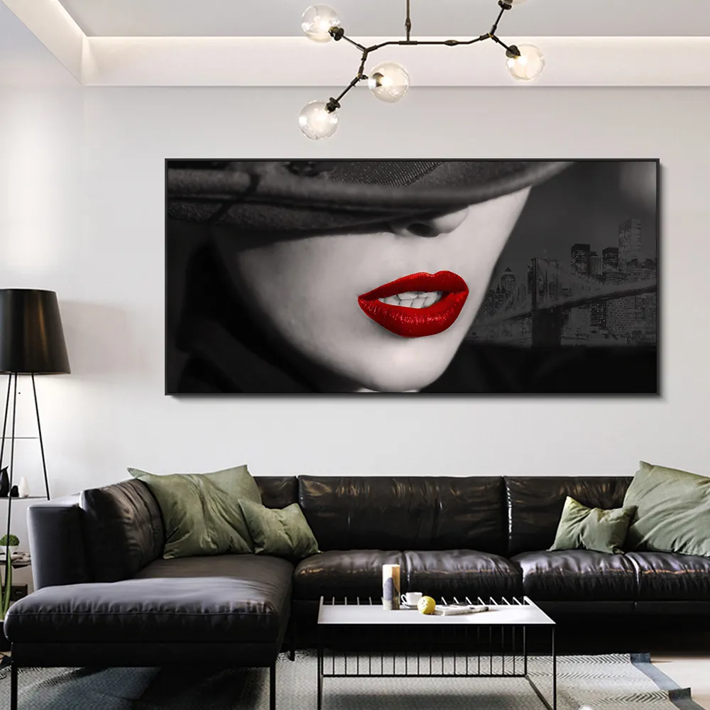 Moderne Porträt Poster Drucke Wand Kunst Leinwand Malerei Sexy Frauen Rote Lippen Bilder für Wohnzimmer Dekoration Zubehör