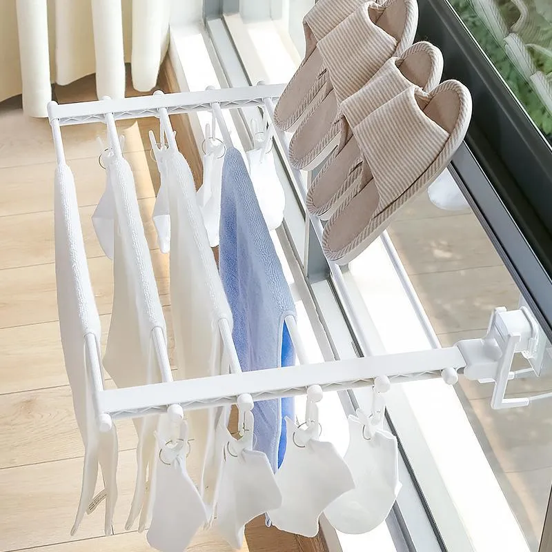 Telescopic Window Drying Rack Free Punching Wall-Mounted Indoor Suction Cup Folding By Sill Clothes Rod by sea