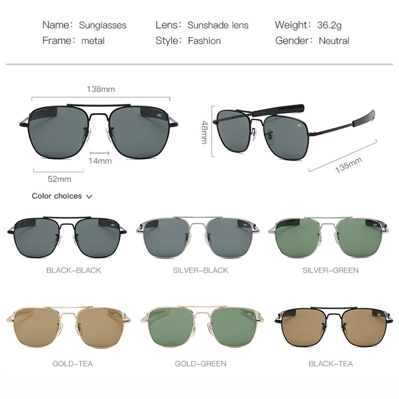 Solglasögon med Case Aviation Ao Men Designer Sun Glasögon för manlig American Army Military Optical Glass Lens Carton308T