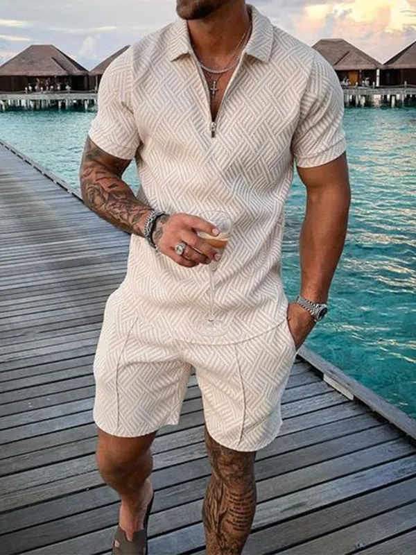 Summer Lapel Fashion Street Print Suit Men's Beach Casual Sport Zipper Polo Short Sleeve Shorts 2-Piece Suit 220726