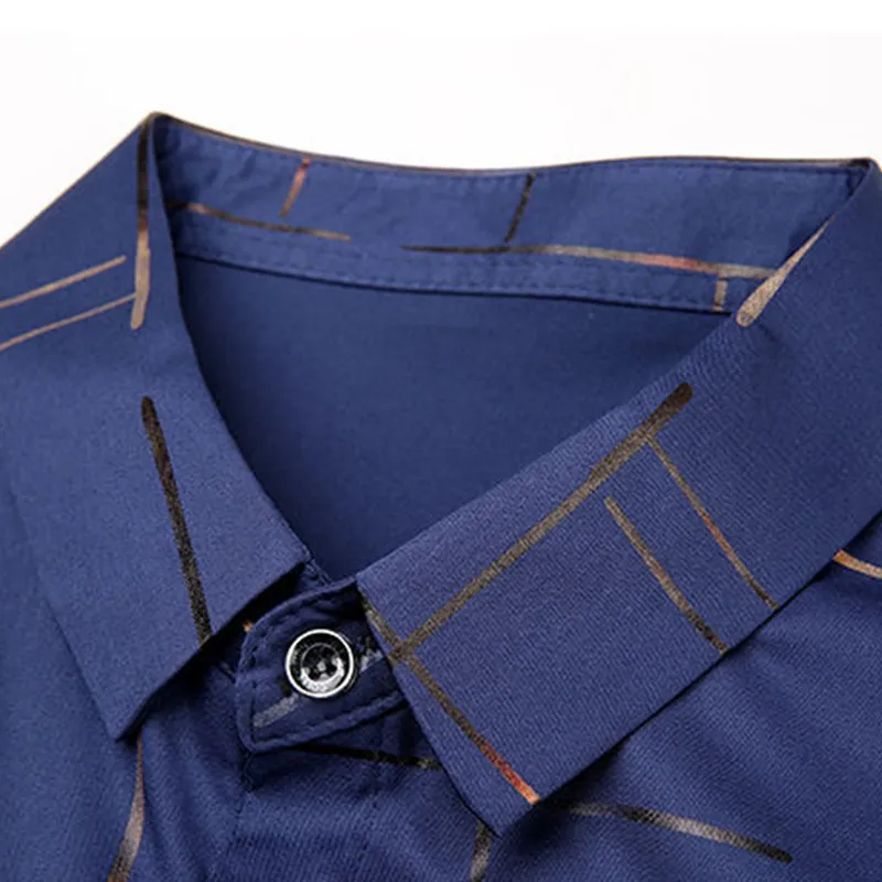 Slim Men Shirt Dress Manga larga Turn Down Collar Stripes Single-brested Polo Business Shirt Top 220524