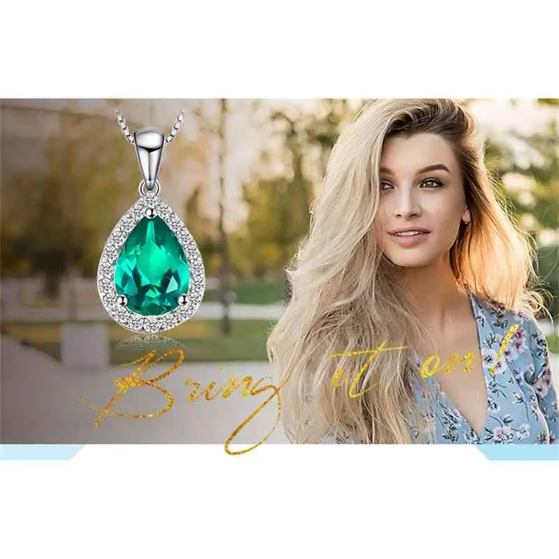 JewelryPalace Pear Simulated Nano Emerald 925 Sterling Silver Pendant Gemstone Statement Necklace Women Without Chain