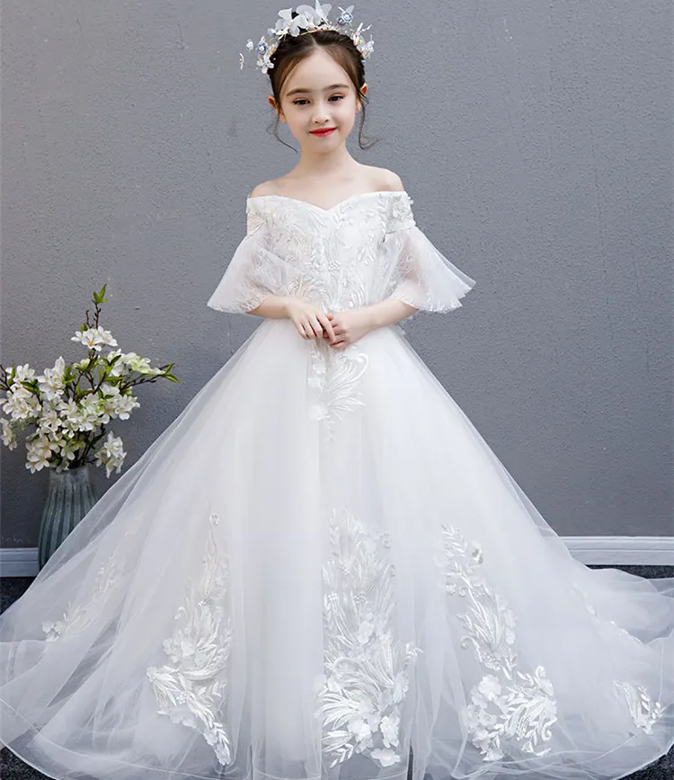 2022 White Flower Girls Dresses For Weddings Sheer Neck långa ärmar Applique Lace Tulle Children Wedding Dresses Girls Pageant Dress