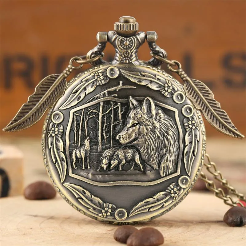 Pocket Watches Bronze Wolf Antique Quartz Watch Charm Leaf Pendant Accessory Clock med Chain20B