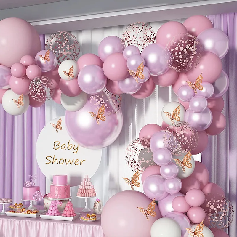 Macaron Balloons Garland Rose Gold Butterfly Metal Rosa Lila Globos För Födelsedag Bröllopsfest Ballong Arch Dekorationer 220329