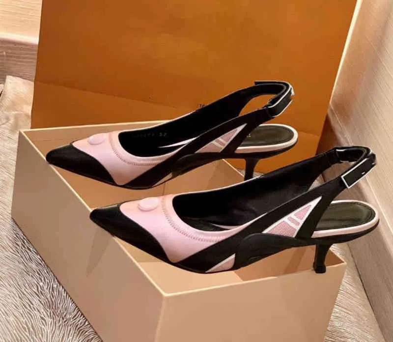 Sandalias Baotou 2022 primavera y verano costura de piel de oveja tela especial espalda puntiaguda cinturón vacío sandalias de tacón medio para mujeres