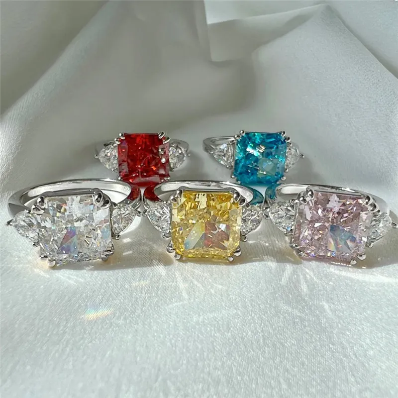 Anelli di gioielli di lusso in argento sterling 925 di alta qualità 8A fiori di ghiaccio anello di design con zirconi donna quadrata Rosa Blu Bianco Dia271S