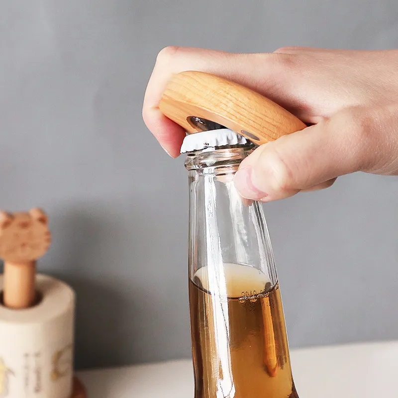 Puste otwieracze DIY buk drewniany okrągły kształt otwieracz do butelek Coaster magnes na lodówkę dekoracja otwieracz do butelek piwa własne logo