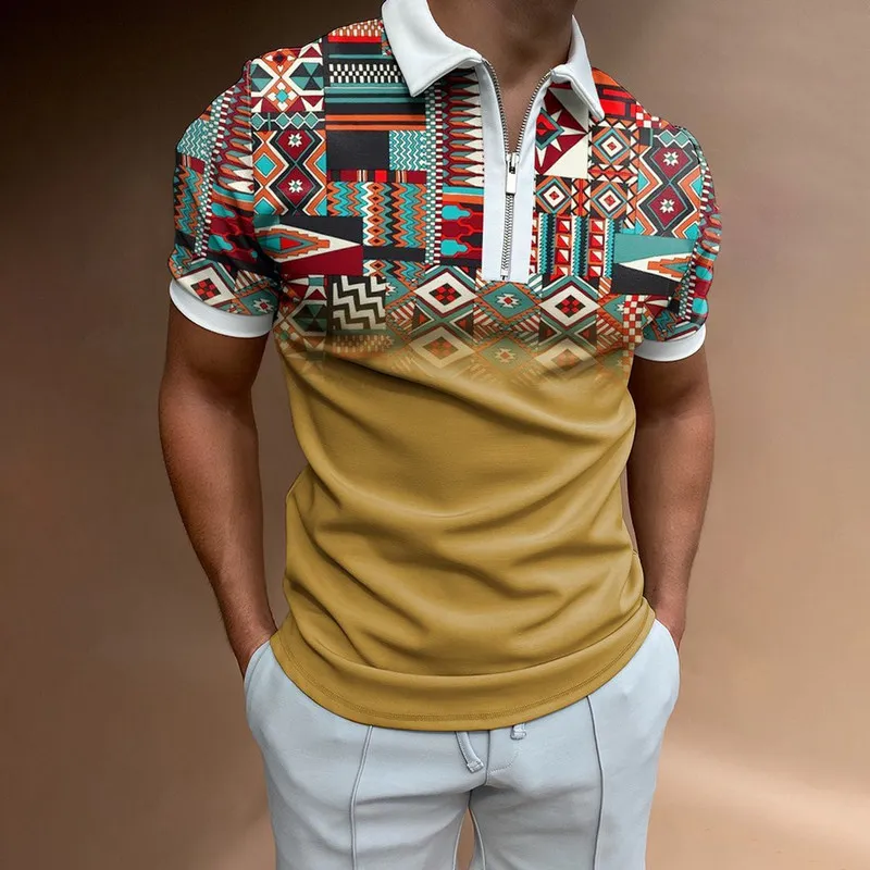 Yaz şık ekose şerit gündelik erkek kısa kollu polo gömlekler patchwork açlık yakalı fermuar tasarımı erkek sokak kıyafetleri 220608