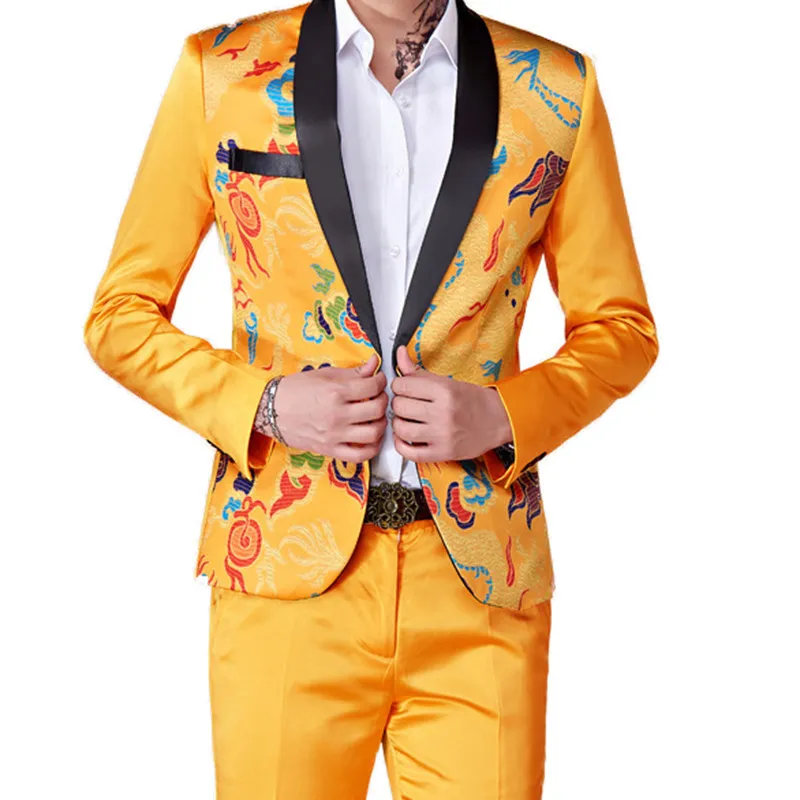 Mode Heren Casual Zakelijk Gastheer Bloem Pak Jas Broek 2 Stuks Set / Heren Kleurrijke Slim Fit Blazers Jas Broek 220514