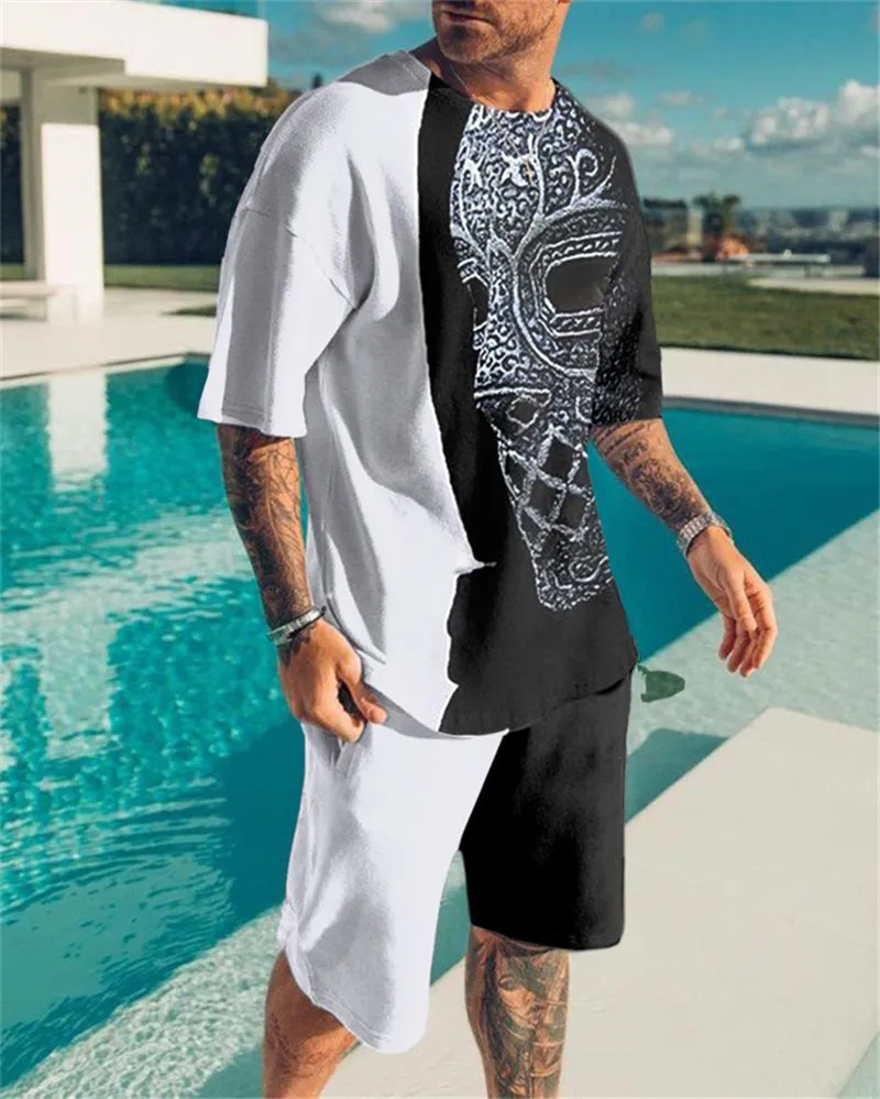 Летние мужские комплекты футболок Спортивный костюм большого размера с коротким рукавом Бело-черный с круглым вырезом с принтом черепа Одежда Мужские модные шорты 220622