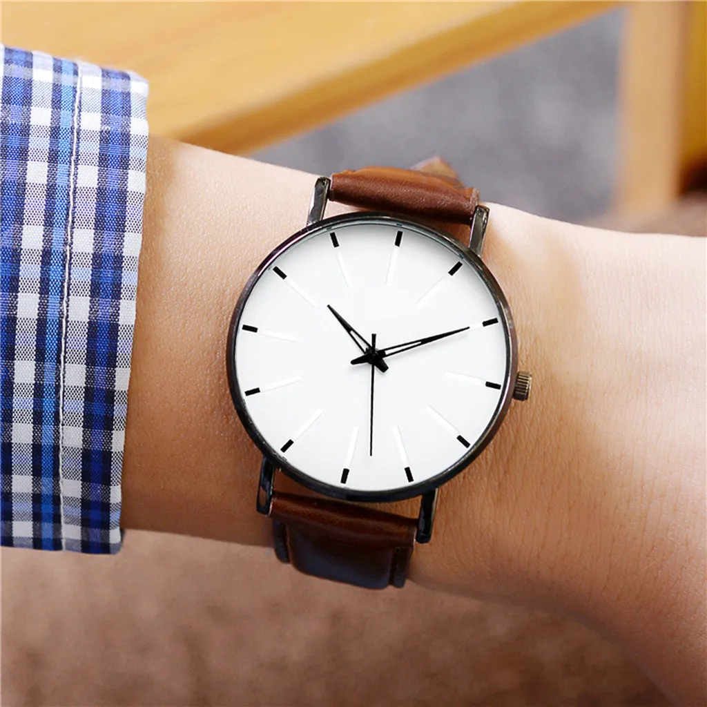 Luxury Quartz Watch with Stainless Steel Men's Single Round Leather Leisure Clock