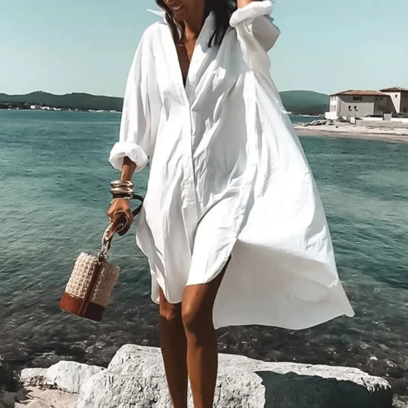 Women Dresses Summer Turn-down Collar Casual Print Long Sleeve Shirt Dress Loose Beach Party Plus Size Vestidos Robe Blouse 220317