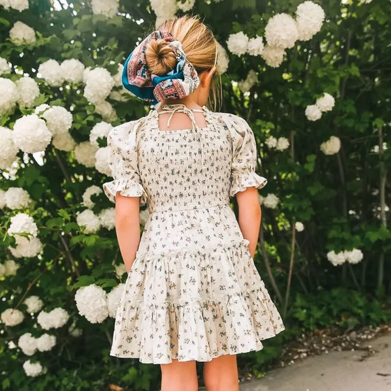 Korte mouw jurk voor meisje polka dot kinderen bloemen avondfeest jurken kinderkleding meisjes verjaardag gesmokte vestidos 3-8t 220426