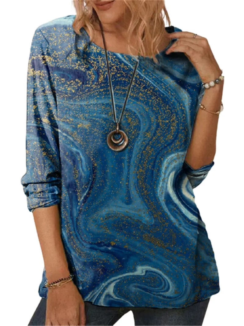 Casual T-shirt Blau Weltraum Ozean 3D Print Harajuku Tops Mode Oansatz Langarm Frauen Tees Elegante Streetwear 220511