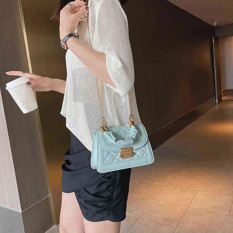 패션 격자 패턴 어깨 가방 휴대용 여성 PU 가죽 주름진 totes 레트로 체인 작은 크로스 바디 핸드백 x220331