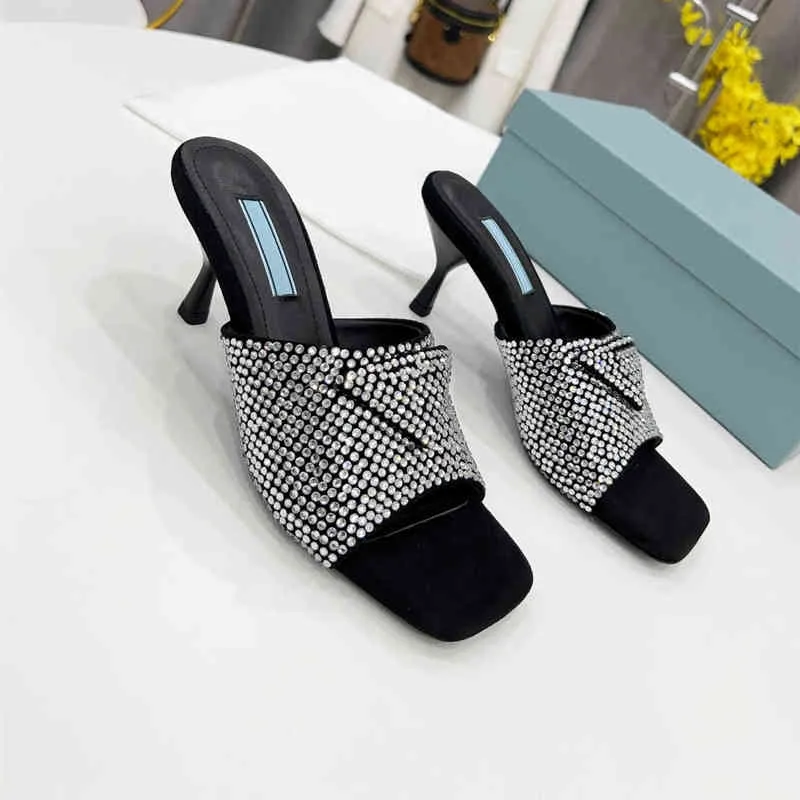 Sandales Hoge Hakken Schoenen Vrouwen Zomer Nieuwe Natuurlijke Kid Suede Pantoufles Crystal Slides Open Tenen Designer Chaussure Femme Maat 220323