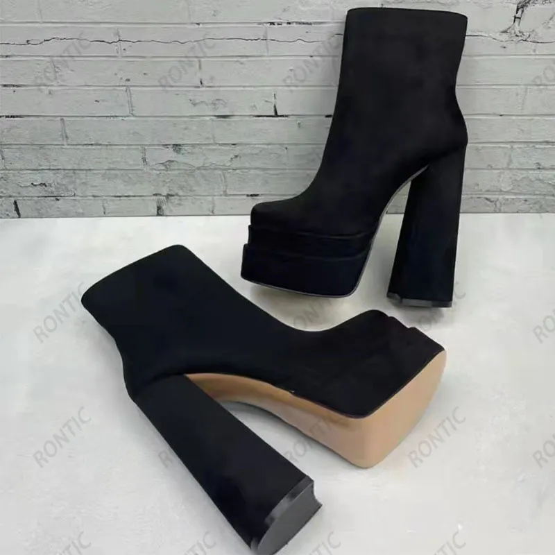 RONTIC NIEUWE Stijlvolle Vrouwen Platform Enkellaarzen Blok Hakken Square Teen Elegant Black Fuchsia Party Shoes US Size 4-13