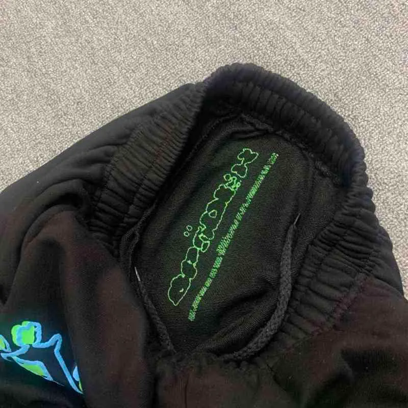 2021 555555 spodnie dresowe mężczyźni kobiety fluorescencyjny zielony pajęczyna graficzny nadruk płomieni Sp5der 555555 spodnie spodnie do biegania