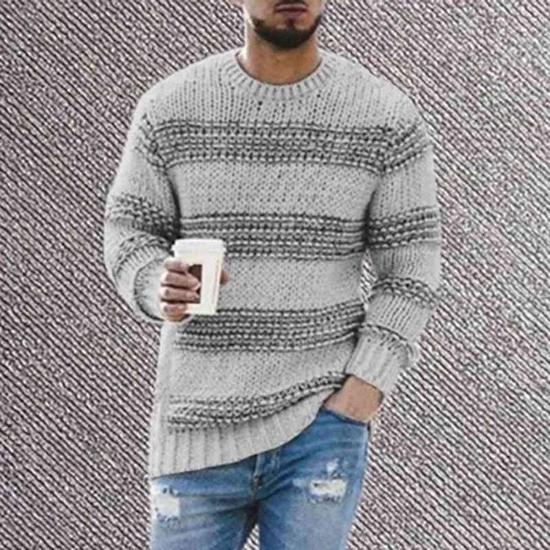 Maglione da uomo Maniche lunghe Stampa a righe Casual High Street O Collo Maglione lavorato a maglia elastico Dress Up Streetwear Abbigliamento uomo L220730