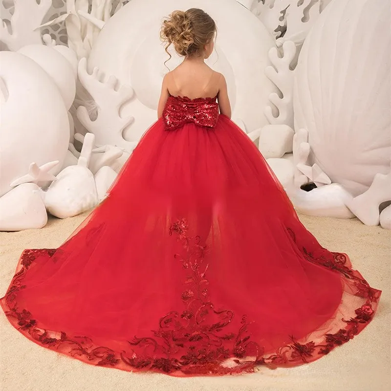 2022結婚式のためのスパンコールの花の女の子のドレスジュエルネックプリンセスサテンサテンロングロングローリトルガールズページェントドレス