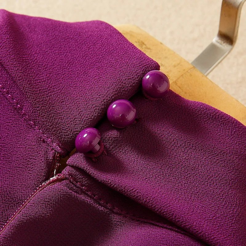 2022 été à manches longues col rond violet couleur unie en mousseline de soie ruban cravate nœud lambrissé longue Maxi robe élégante robes décontractées grande taille XXL 22Q042324