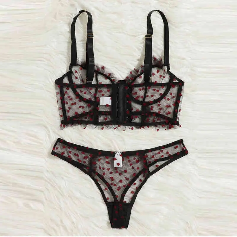 2021 Mulheres lingerie define sexy malha de renda hollow out push up sutiã e calcinha de duas peças de roupas íntimas preto l220727