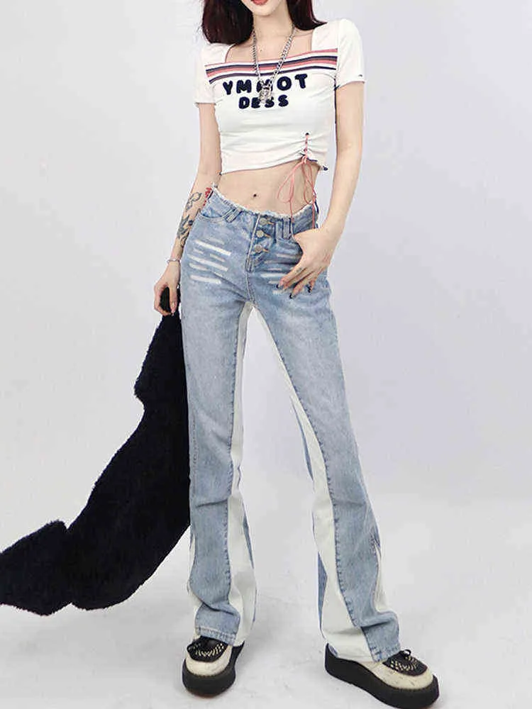 Raw Edge Wide-Ben Splice Light Blue Jeans Women's Spring Summer Slim Straight American Retro Hot Girl Design Denim Pants Female T220728