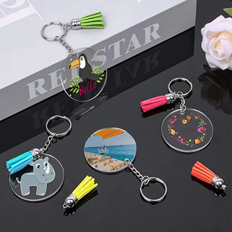 파티 선호 Acrylic Keychain Blanks Key Rings 점프 링 둥근 클리어 디스크 원으로 다채로운 술 펜던트 DIY를위한 다채로운 술 펜던트