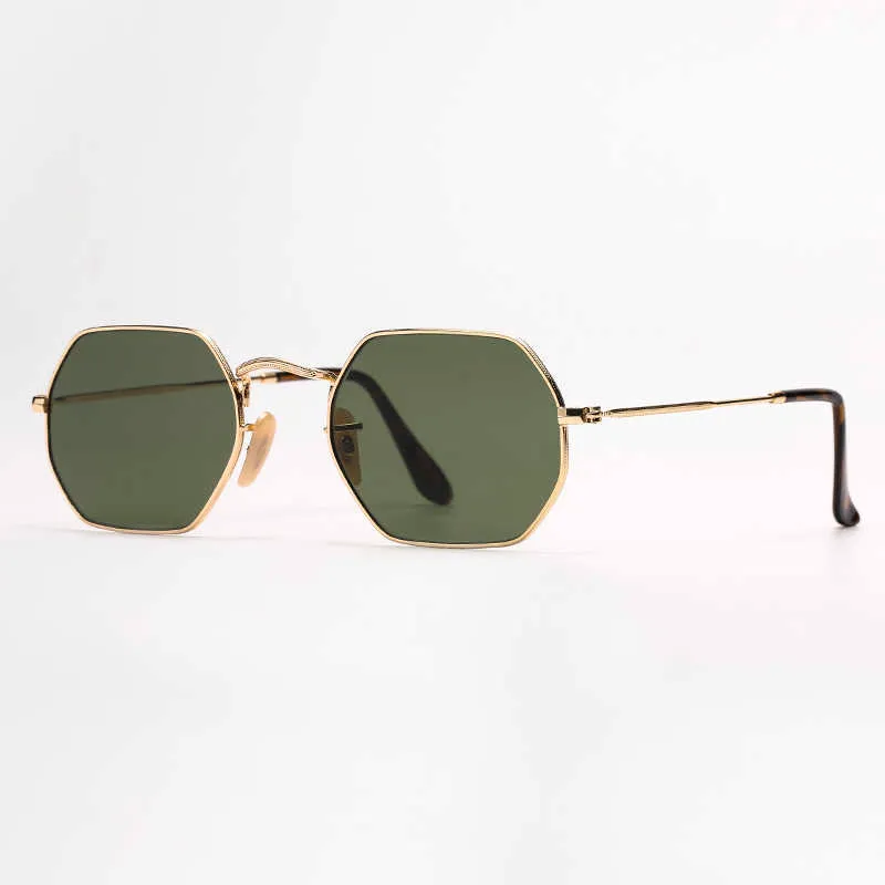 Óculos de sol femininos masculinos fashion octogonal óculos de sol planos de metal lentes de proteção uv com estojo de couro e qr code