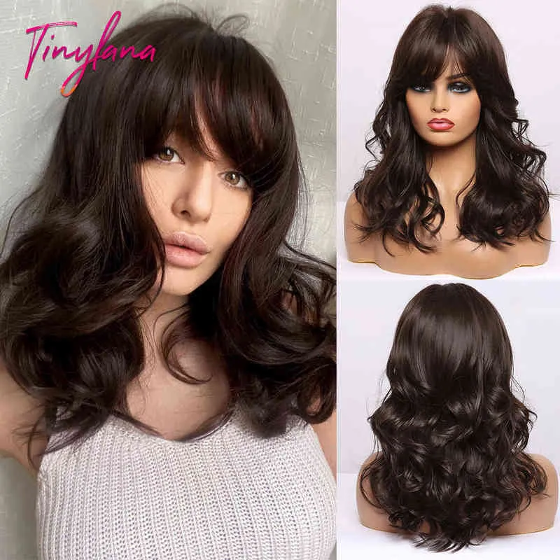 TINY LANA Natural Wavy Medium Synthetic Hair Wigs with Bangs Ombre Brown Wavy Wigs for Black Women Cosplay Heat Resistant Fiber