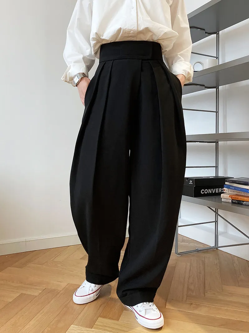 Vintage marrom engrossar terno calças para mulheres outono inverno moda cintura alta em linha reta harajuku harem calças roupas coreanas cx220316