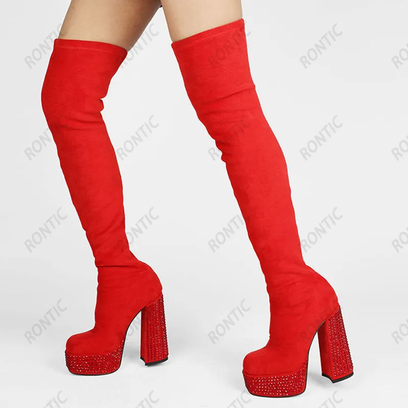 Rontic Women Spring Ligh Boots Crystal Unisex Faux Suede Block Heels Square Toe Gorgeous Red Party Shoes US Storlek 5-13