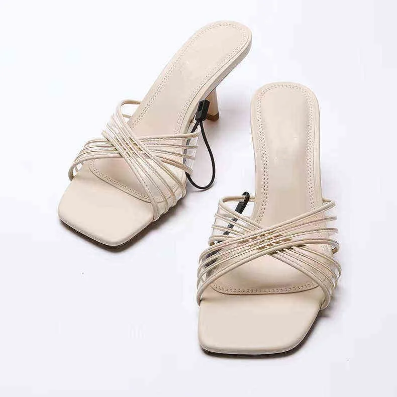 Slippers Pumps For Women New Cross Belt Square Head Open Toe Temperament High Heels French Style Casual Roman Thin Heeled Sandals 220523