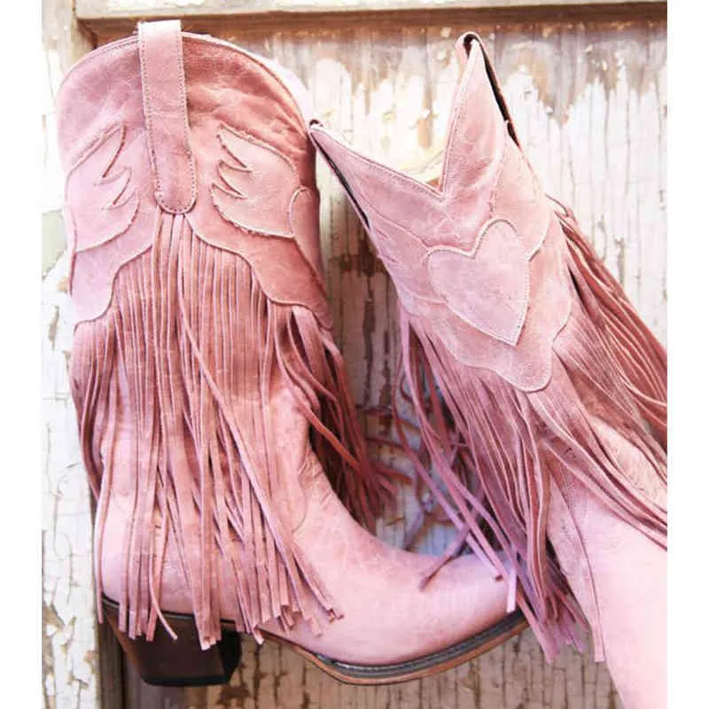 New Brand Embroidery Mid Calf Boots Women Pink Cowboy Cowgirls Casual Western Boots Chunky Pointed Toe Shoes Woman Wholesale Y220718