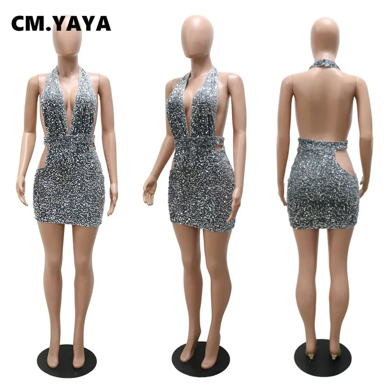 Cm.yaya Женщины с блестками без рукавов ve-neck v-образный вырезка bodycon midi mini платье сексуальное вечеринка клуб ночной карандаш 220516