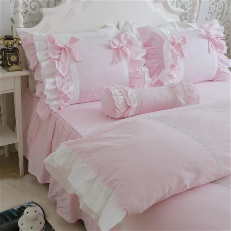 Luxusschichten Bettwäsche Set süße Prinzessin Bow Rüschen Bettdecke Hochzeitsbettwäsche rosa Bettblatt Mädchen Baby Bettrock Cover 220429