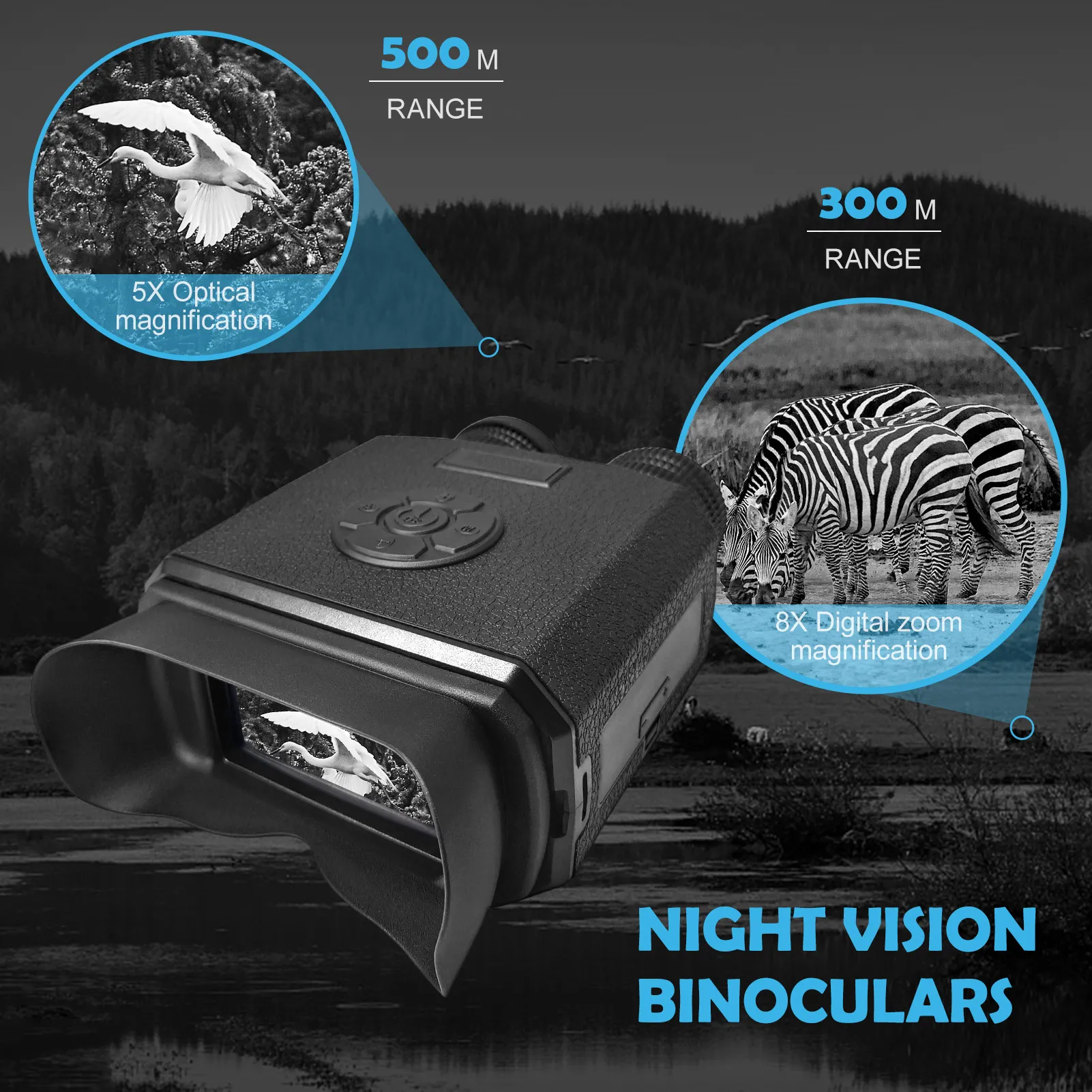 BekinTek Night Vision Binoculars Telescope IR Infrared Goggles 500m Full Dark Observing Distance 5x Optics 8x Digital Zoom Built-in Rechargeable Battery