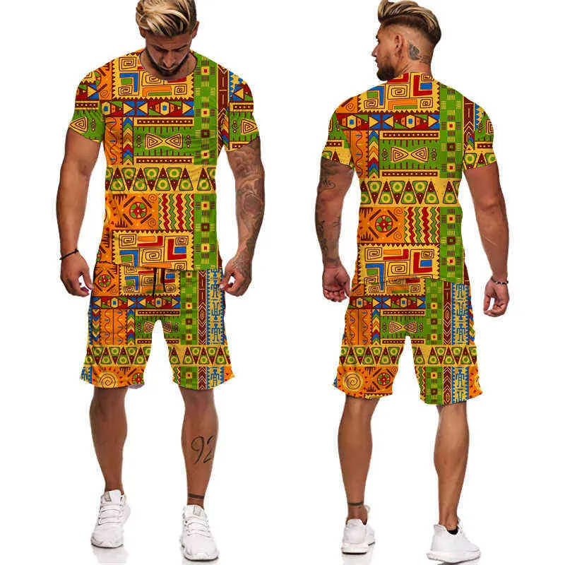 2022 Summer 3D African Print T-Shirt Shorts Ternos Moda Estilo Étnico Casal Roupas Hip Hop Streetwear Masculino Feminino Conjunto de Agasalho