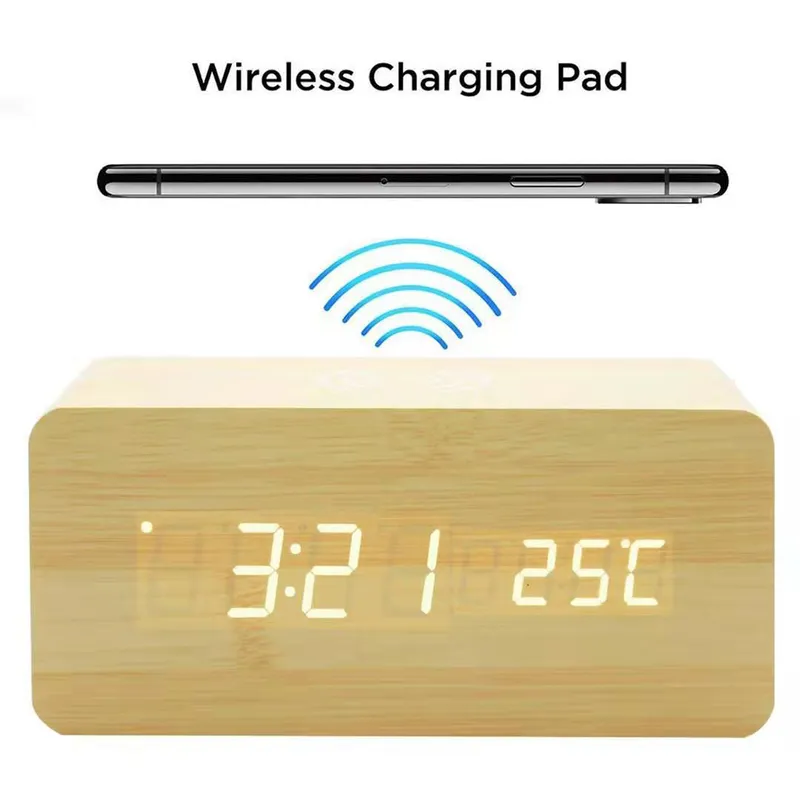 Modern Wooden Wood Digital LED Desk Alarm Clock Thermometer Wireless Charger With Qi Charging Pad 220426