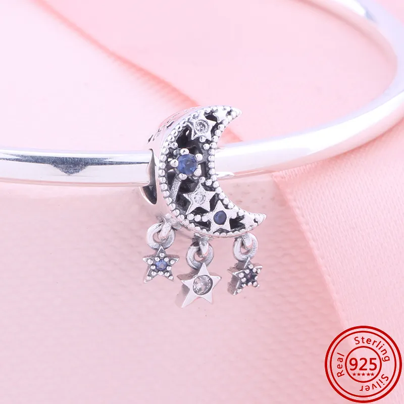 925 STERLING Gümüş Dungle Charm Blue Planet Stars Moon County Clip Uzay Yolculuğu Boncuk Boncuk Fit Pandora Charms Bilezik Diy Takı Aksesuarları