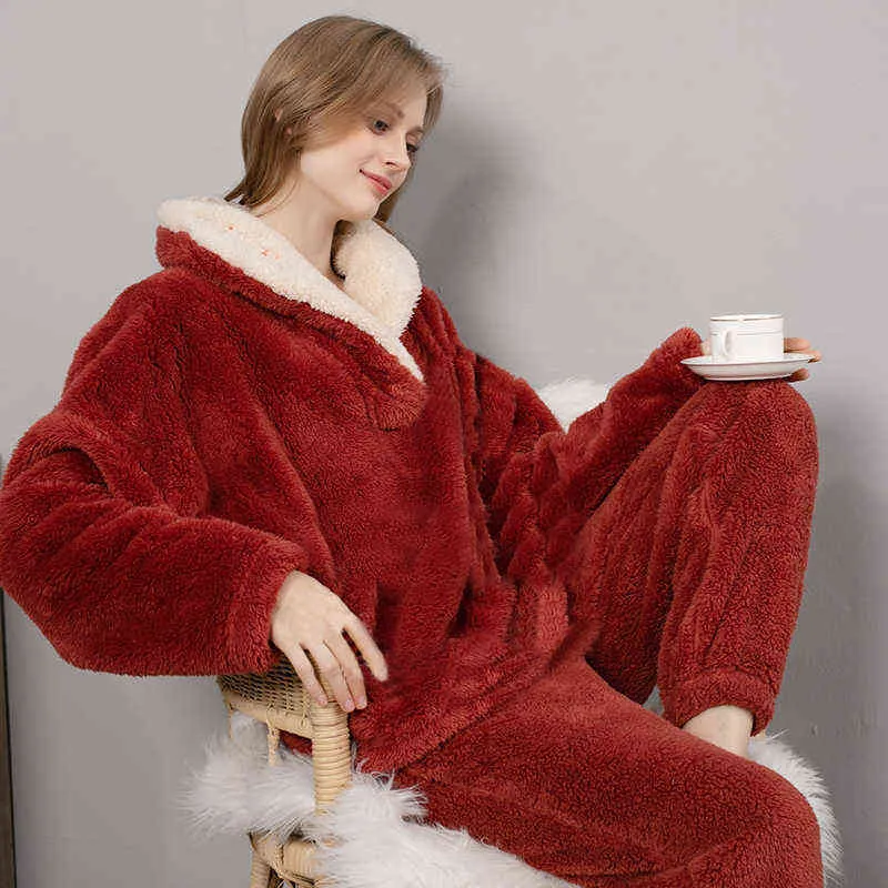 Pijamas de inverno para flanamas de flanela de lã de coral feminino Terno de flanela de flanela espessamento para casais L220803