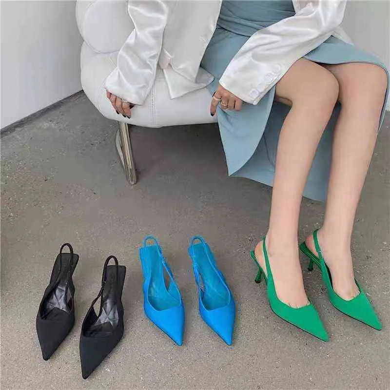 Sexy puntige teen elegante satijnen kitten hiel slingback hakken schoenen vrouwen 2022 merk ontwerp stretch pompen dames schoenen g220527